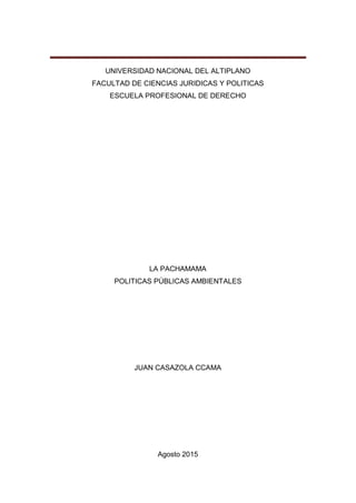 UNIVERSIDAD NACIONAL DEL ALTIPLANO
FACULTAD DE CIENCIAS JURIDICAS Y POLITICAS
ESCUELA PROFESIONAL DE DERECHO
LA PACHAMAMA
POLITICAS PÚBLICAS AMBIENTALES
JUAN CASAZOLA CCAMA
Agosto 2015
 