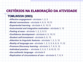 CRITÉRIOS NA ELABORAÇÃO DA ATIVIDADE TOMLINSON (2003) - Affective engagement  -  atividade 1, 2, 5 - Mental connections  -  atividade 4, 8, 9, 10,13  - Experiential learning  - atividade 4, 9, 10,13  - Instrumental and integrative motivation  -  atividade 3, 12  - Feeling at ease -  atividade 1, 2, 3, 9,13  - Confidence development -  atividade 4, 9, 10,13  - Student self-investment -  atividade 5, 6, 13 - Attention to linguistic features -  atividade 1, 2, 3, 12 - Reality of language use   -  atividade 1, 2, 3, 5, 6, 8, 9, 11,12 -Promove Discovery learning  -  atividade 3, 7, 8, 9, 12 - Individual practice –  atividade  3, 5, 6, 7, 9,10,12, 13 -Use authentic language -  atividade 6 - Replication of circunstance of use –  atividade 6, 7, 8,   9 