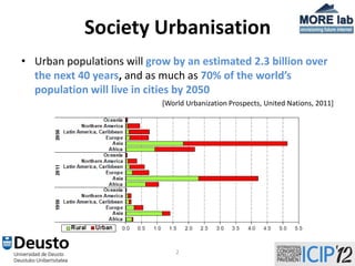 Society Urbanisation
• Urban populations will grow by an estimated 2.3 billion over
  the next 40 years, and as much as 70% of the world’s
  population will live in cities by 2050
                            [World Urbanization Prospects, United Nations, 2011]




                                2
 