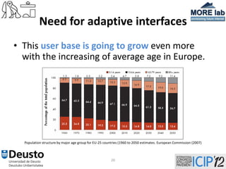Need for adaptive interfaces
• This user base is going to grow even more
  with the increasing of average age in Europe.




  Population structure by major age group for EU-25 countries (1960 to 2050 estimates. European Commission (2007)



                                                        20
 