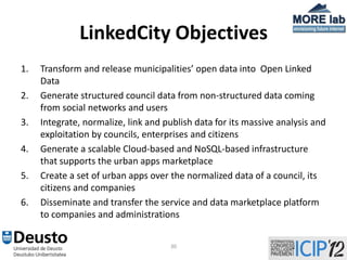 LinkedCity Objectives
1.   Transform and release municipalities’ open data into Open Linked
     Data
2.   Generate structured council data from non-structured data coming
     from social networks and users
3.   Integrate, normalize, link and publish data for its massive analysis and
     exploitation by councils, enterprises and citizens
4.   Generate a scalable Cloud-based and NoSQL-based infrastructure
     that supports the urban apps marketplace
5.   Create a set of urban apps over the normalized data of a council, its
     citizens and companies
6.   Disseminate and transfer the service and data marketplace platform
     to companies and administrations


                                     30
 