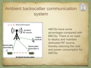 Ambient backscatter communication
system
ABCSs have some
advantages compared with
BBCSs. There is no need
to deploy and maintain
dedicated RF source,
thereby reducing the cost
and power consumption for
ABCSs.
 