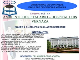 UNIVERSIDAD DE GUAYAQUIL
FACULTAD DE CIENCIAS MEDICAS
CATEDRA: BIOÉTICA
AMBIENTE HOSPITALARIO – HOSPITAL LUIS
VERNAZA
EQUIPO # 2 – GRUPO # 10 CUARTO SEMESTRE
INTEGRANTES:
 ACOSTA TENEMAZA JESSICA ALEXANDRA
 AGUIRRE VILLAGOMEZ DANNA GIANELLA
 BRAVO VEGA ALEJANDRO PAUL
 CABRERA CORREA ANA VICTORIA
 CARRERA CARLA
 JUSTAVINO VERDEZOTO JORGE JIMMY
 SANCHEZ YEPEZ CRISTINA VIRGINIA
 TORRES ALMACHE JESSICA PAOLA
DOCENTES: DR. ANDRES CRUZ ACOSTA
DRA. ADA MARIA HERNANDEZ
 