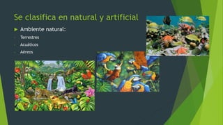 Se clasifica en natural y artificial
 Ambiente natural:
- Terrestres
- Acuáticos
- Aéreos
 
