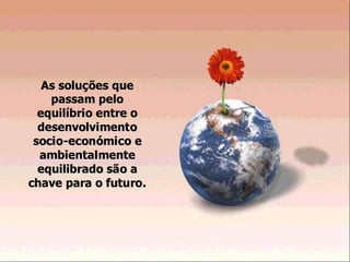 As soluAs soluçções queões que
passam pelopassam pelo
equilequilííbrio entre obrio entre o
desenvolvimentodesenvolvimento
sociosocio--econeconóómicomico ee
ambientalmenteambientalmente
equilibrado são aequilibrado são a
chave para o futuro.chave para o futuro.
 