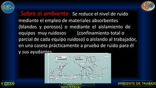 2
. Sobre el ambiente: Se reduce el nivel de ruido
mediante el empleo de materiales absorbentes
(blandos y porosos) o mediante el aislamiento de
equipos muy ruidosos (confinamiento total o
parcial de cada equipo ruidoso) o aislando al trabajador,
en una caseta prácticamente a prueba de ruido para él
y sus ayudantes.
 