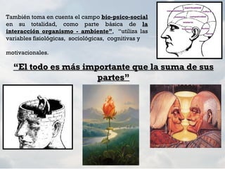 También toma en cuenta el campo bio-psico-social
en su totalidad, como parte básica de la
interacción organismo - ambiente”,  “utiliza las
variables fisiológicas, sociológicas, cognitivas y

motivacionales.

  “El todo es más importante que la suma de sus
                     partes”
 