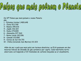 Países que mais poluem o Planeta Os 10º Países que mais poluem o nosso Planeta são:  1 - Estados Unidos 1.489.648  2 - China 913.768  3 - Rússia 390.616  4 - Japão 316.164  5 - Índia 279.899  6 - Alemanha 227.364  7 - Reino Unido 142.096  8 - Canadá 133.890  9 - Coreia do Sul 116.701  10 - Itália (incluindo San Marino) 111.323  Além de ser o país que mais polui em termos absolutos, os EUA possuem um dos maiores índices de emissão de gás carbónico per capita. Cada habitante norte-americano corresponde a 5,5 toneladas de carbono lançadas ao ar anualmente.  