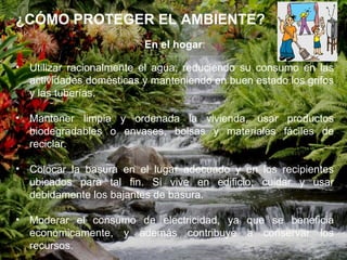 ¿CÓMO PROTEGER EL AMBIENTE?
En el hogar:
• Utilizar racionalmente el agua, reduciendo su consumo en las
actividades domésticas y manteniendo en buen estado los grifos
y las tuberías.
• Mantener limpia y ordenada la vivienda, usar productos
biodegradables o envases, bolsas y materiales fáciles de
reciclar.
• Colocar la basura en el lugar adecuado y en los recipientes
ubicados para tal fin. Si vive en edificio, cuidar y usar
debidamente los bajantes de basura.
• Moderar el consumo de electricidad, ya que se beneficia
económicamente, y además contribuye a conservar los
recursos.
 
