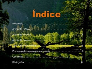 Índice Introdução………………………………………………………………….1 Ambiente Biótico…………………………………………………………..2 Ambiente Abiótico…………………………………………………………3 Ambiente Natural………………………………………………………….4 Meio Ambiente Artificial…………………………………………………...5 Porque ajudar a proteger o ambiente……………………………………6 Conclusão…………………………………………………………………..7 Bibliografia…………………………………………………………………8 