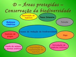 D – Áreas protegidas –
Conservação da biodiversidade
                     Destruição de
                        habitats     Pesca Intensiva

 Mudanças                                                 Poluição
 climáticas


               Causas da redução da biodiversidade
Controlo de
                                                            Caça
  pragas



                                                 Introdução de
Venda de animais
                            Degradação e        espécies exóticas
e plantas exóticas
                          fragmentação de
                              habitats
 