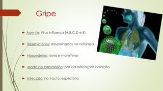 Gripe
 Agente: Vírus Influenza (A,B,C,D e E)
 Reservatórios: disseminados na natureza
 Hospedeiros: aves e mamíferos
 Modo de transmissão: por via aérea/por inalação
 Infecção: no tracto respiratório
 