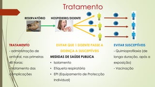 Tratamento
TRATAMENTO
- administração de
antiviral, nas primeiras
48 horas;
- tratamento das
complicações
EVITAR SUSCEPTÍVEIS
- Quimioprofilaxia (de
longa duração, após a
exposição)
- Vacinação
EVITAR QUE 1 DOENTE PASSE A
DOENÇA A SUSCEPTÍVEIS
MEDIDAS DE SAÚDE PUBLICA
• Isolamento
• Etiqueta respiratória
• EPI (Equipamento de Protecção
Individual)
RESERVATÓRIO HOSPEDEIRO/DOENTE
 