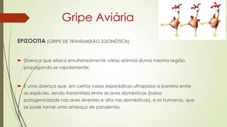 Gripe Aviária
EPIZOOTIA (GRIPE DE TRANSMISSÃO ZOONÓTICA)
 Doença que ataca simultaneamente vários animais duma mesma região,
propagando-se rapidamente;
 É uma doença que, em certos casos esporádicos ultrapassa a barreira entre
as espécies, sendo transmitido entre as aves domésticas (baixa
patogenicidade nas aves silvestres e alta nas domésticas), e os humanos, que
se pode tornar uma ameaça de pandemia.
 