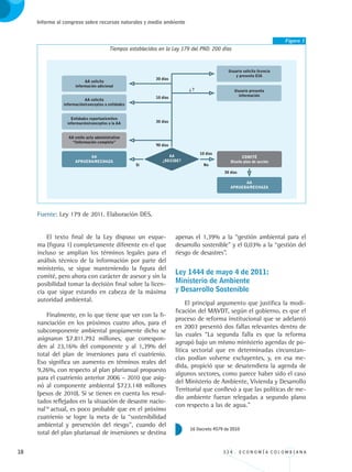 18 3 3 4 . E C O N O M Í A C O L O M B I A N A
Informe al congreso sobre recursos naturales y medio ambiente
El texto final de la Ley dispuso un esque-
ma (figura 1) completamente diferente en el que
incluso se amplían los términos legales para el
análisis técnico de la información por parte del
ministerio, se sigue manteniendo la figura del
comité, pero ahora con carácter de asesor y sin la
posibilidad tomar la decisión final sobre la licen-
cia que sigue estando en cabeza de la máxima
autoridad ambiental.
Finalmente, en lo que tiene que ver con la fi-
nanciación en los próximos cuatro años, para el
subcomponente ambiental propiamente dicho se
asignaron $7.811.792 millones, que correspon-
den al 23,16% del componente y al 1,39% del
total del plan de inversiones para el cuatrienio.
Eso significa un aumento en términos reales del
9,26%, con respecto al plan plurianual propuesto
para el cuatrienio anterior 2006 – 2010 que asig-
nó al componente ambiental $723.148 millones
(pesos de 2010). Si se tienen en cuenta los resul-
tados reflejados en la situación de desastre nacio-
nal16
actual, es poco probable que en el próximo
cuatrienio se logre la meta de la “sostenibilidad
ambiental y prevención del riesgo”, cuando del
total del plan plurianual de inversiones se destina
Figura 1
Tiempos establecidos en la Ley 179 del PND: 200 días
Fuente: Ley 179 de 2011. Elaboración DES.
apenas el 1,39% a la “gestión ambiental para el
desarrollo sostenible” y el 0,03% a la “gestión del
riesgo de desastres”.
Ley 1444 de mayo 4 de 2011: 		
Ministerio de Ambiente 			
y Desarrollo Sostenible
El principal argumento que justifica la modi-
ficación del MAVDT, según el gobierno, es que el
proceso de reforma institucional que se adelantó
en 2003 presentó dos fallas relevantes dentro de
las cuales “La segunda falla es que la reforma
agrupó bajo un mismo ministerio agendas de po-
lítica sectorial que en determinadas circunstan-
cias podían volverse excluyentes, y, en esa me-
dida, propició que se desatendiera la agenda de
algunos sectores, como parece haber sido el caso
del Ministerio de Ambiente, Vivienda y Desarrollo
Territorial que conllevó a que las políticas de me-
dio ambiente fueran relegadas a segundo plano
con respecto a las de agua.”
16 Decreto 4579 de 2010
REC334_pags_ints_FINAL.indd 18 29/03/2012 10:48:53
 