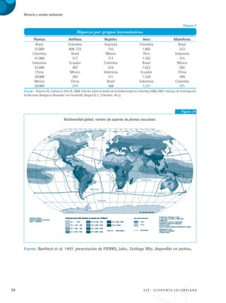 54 3 3 4 . E C O N O M Í A C O L O M B I A N A
Minería y medio ambiente
Figura 10
Biodiversidad global: número de especies de plantas vasculares
Fuente: Barthlott et al. 1997, presentación de FIERRO, Julio., Geólogo MSc, disponible en archivo.
	 Plantas	 Anfibios	 Reptiles	 Aves	 Mamíferos
	 Brasil	 Colombia	 Australia	 Colombia	 Brasil	 	
	 53.000	 698-733	 755	 1.865	 523
	 Colombia	 Brasil	 México	 Perú	 Indonesia		
	 41.000	 517	 717	 1.703	 515	 	
	 Indonesia	 Ecuador	 Colombia	 Brasil	 México	 	
	 35.000	 407	 524	 1.622	 502	 	
	 China	 México	 Indonesia	 Ecuador	 China	 	
	 28.000	 284	 511	 1.559	 499	 	
	 México	 China	 Brasil	 Indonesia	 Colombia		
	 26.000	 274	 468	 1.531	 471
Riqueza por grupos taxonómicos.
Figura 9
Fuente: Romero M., Cabrera E. Ortiz N. 2008. Informe sobre el estado de la biodiversidad en Colombia 2006-2007. Instituto de Investigación
de Recursos Biológicos Alexander von Humboldt. Bogotá D. C., Colombia. 181 p.
REC334_pags_ints_FINAL.indd 54 29/03/2012 10:49:19
 