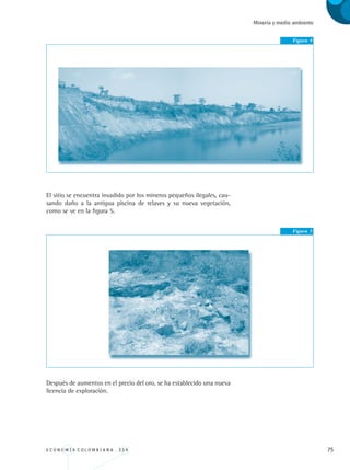 E C O N O M Í A C O L O M B I A N A . 3 3 4 75
Minería y medio ambiente
Figura 4
El sitio se encuentra invadido por los mineros pequeños ilegales, cau-
sando daño a la antigua piscina de relaves y su nueva vegetación,
como se ve en la figura 5.
Figura 5
Después de aumentos en el precio del oro, se ha establecido una nueva
licencia de exploración.
REC334_pags_ints_FINAL.indd 75 29/03/2012 10:49:30
 