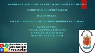 PANORAMA ACTUAL DE LA EDUCACION BASICA EN MEXICO
AMBIENTES DE APRENDIZAJE
DAVID MUKUL
ESCUALA NORMAL JOSE DOLORES RODRIGUEZ TAMAYO
INTEGRANTES:
ANGEL ESPINOSA INTERIAN
CINTHIA MIS MARTINES
HEIMMY CHABLE PUCH
 