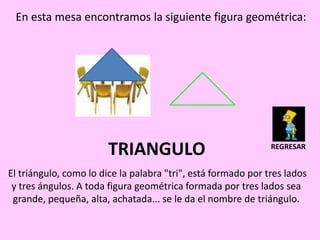 En esta mesa encontramos la siguiente figura geométrica:




                        TRIANGULO                              REGRESAR


El triángulo, como lo dice la palabra "tri", está formado por tres lados
 y tres ángulos. A toda figura geométrica formada por tres lados sea
 grande, pequeña, alta, achatada... se le da el nombre de triángulo.
 