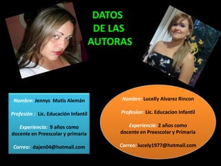 DATOS
                                       DE LAS
                                      AUTORAS




 Nombre: Jennys Mutis Alemán               Nombre: Lucelly Alvarez Rincon

Profesión : Lic. Educación Infantil        Profesion: Lic. Educacion Infantil

   Experiencia: 9 años como                   Experiencia: 2 años como
docente en Preescolar y primaria           docente en Preescolar y Primaria

 Correo: dajen04@hotmail.com               Correo: lucely1977@hotmail.com
 