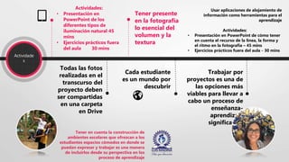 Actividade
s
Actividades:
• Presentación en
PowerPoint de los
diferentes tipos de
iluminación natural 45
mins
• Ejercicios prácticos fuera
del aula 30 mins
Tener presente
en la fotografía
lo esencial del
volumen y la
textura
Cada estudiante
es un mundo por
descubrir
Trabajar por
proyectos es una de
las opciones más
viables para llevar a
cabo un proceso de
enseñanza-
aprendizaje
significativo
Usar aplicaciones de alojamiento de
información como herramientas para el
aprendizaje
.
Actividades:
• Presentación en PowerPoint de cómo tener
en cuenta el recurso de la línea, la forma y
el ritmo en la fotografía – 45 mins
• Ejercicios prácticos fuera del aula - 30 mins
Tener en cuenta la construcción de
ambientes escolares que ofrezcan a los
estudiantes espacios cómodos en donde se
puedan expresar y trabajar es una manera
de incluirlos desde su perspectiva en los
proceso de aprendizaje
Todas las fotos
realizadas en el
transcurso del
proyecto deben
ser compartidas
en una carpeta
en Drive
 