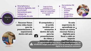 Recurso
s
Smartphones y
cámaras digitales, son
la principal
herramienta para
trabajar las
actividades de este
periodo
• Recursos físicos
como video beam
para las
presentaciones y
exposiciones
dentro del aula
El computador y
el sonido
también son
necesarios
dentro del aula
para las
presentaciones
de videos y
tutoriales sobre
la fotografía
Herramientas TIC
como:
• PowerPoint
• Youtube
• Inshot
• Google Drive
• Google Docs
• Canva
En esta
experiencia de
aprendizaje se
tienen en cuenta
recursos físicos y
digitales para
llevar a cabo un
impacto
significativo en
los estudiantes
Todas las fotos
realizadas en el
transcurso del proyecto
deben ser compartidas
en una carpeta en
Drive
Es indispensable que para llevar a cabo estas actividades, los
estudiantes tengan claro aspectos como las normas del ciudadano
digital en el manual de convivencia
 