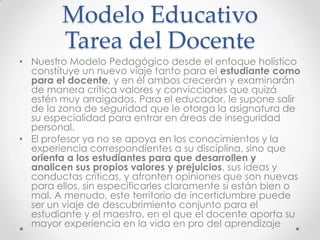 Modelo Educativo
Tarea del Docente
• Nuestro Modelo Pedagógico desde el enfoque holístico
constituye un nuevo viaje tanto para el estudiante como
para el docente, y en él ambos crecerán y examinarán
de manera crítica valores y convicciones que quizá
estén muy arraigados. Para el educador, le supone salir
de la zona de seguridad que le otorga la asignatura de
su especialidad para entrar en áreas de inseguridad
personal.
• El profesor ya no se apoya en los conocimientos y la
experiencia correspondientes a su disciplina, sino que
orienta a los estudiantes para que desarrollen y
analicen sus propios valores y prejuicios, sus ideas y
conductas críticas, y afronten opiniones que son nuevas
para ellos, sin especificarles claramente si están bien o
mal. A menudo, este territorio de incertidumbre puede
ser un viaje de descubrimiento conjunto para el
estudiante y el maestro, en el que el docente aporta su
mayor experiencia en la vida en pro del aprendizaje
 