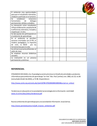 DOCUMENTO DE AMBIENTE DE APRENDIZAJE
JOSÉ DAVID CIFUENTES
USO Y APLICACIÓN DE HERRAMIENTASTIC
El ambiente crea oportunidades
para que el estudiante interactúe,
colabore yparticipe en el proceso.
Se establecen relaciones
horizontales de diálogos
permanentes cálidos y amables.
La interacción entre estudiantes
reflejacolaboración,aceptaciónde
la diferencia,tolerancia,inclusióny
respeto por el otro.
Se dan pautas de participación en
el ambiente de aprendizaje
En el ambiente se perciben
acciones orientadas con el PEI, el
modelo pedagógico, la impronta
de ciclo, la BCAE y/o las
herramientas para la vida.
Se utilizanescenariosdiferentes al
salón de clase
Se emplean recursos didácticos
variados.
La evaluación es un proceso
permanente y continuo.
REFERENCIAS.
STOJANOVICDECASAS,Lily.El paradigmaconstructivistaenel diseñode actividadesyproductos
informáticosparaambientesde aprendizaje "on-line".Rev. Ped.[online].ene.2002,vol.23, no.66
[consultado10 abril de 2014], p.73-98. Disponibleen:
http://www.scielo.org.ve/scielo.php?pid=S0798-97922002000100004&script=sci_arttext
Tendenciaseneducaciónenlasociedadde lastecnologíasde lainformación.Jordi Adell
www.c5.cl/ntic/docs/ieduc/tendencias.pdf
Nuevosambientesde aprendizajepara unasociedadde información.JesúsSalinas.
http://www.portaleducativo.hn/pdf../nuevos_ambientes.pdf
 
