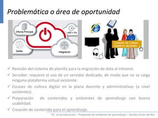 TIC en la educación – Propuesta de ambiente de aprendizaje – Sandra Girón del Río
Problemática o área de oportunidad
 Revisión del sistema de planilla para la migración de data al Intranet.
 Servidor: requiere el uso de un servidor dedicado, de modo que no se caiga
ninguna plataforma virtual existente.
 Escasez de cultura digital en la plana docente y administrativas (a nivel
asistentes).
 Preparación de contenidos y ambientes de aprendizaje con buena
usabilidad.
 Creación de contenido para el aprendizaje.
 