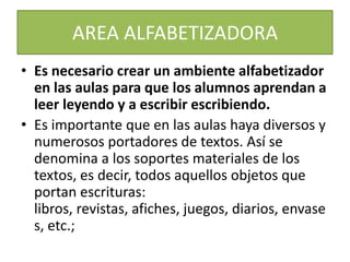 AREA DE ARTEEn esta área debe haber una provisión de crayolas, arcilla húmeda, pintura, pinceles de varios tamaños, esponjas, tijeras y papel de distintos tamaños, colores  y formas. Para que la actividad se desarrolle de la mejor manera, es necesario que el niño tenga el suficiente espacio en el suelo o mesas suficientes.♦ Crayolas♦ Arcillas♦ Pintura♦ Pincel