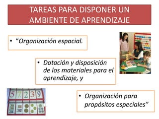 TAREAS PARA DISPONER UN AMBIENTE DE APRENDIZAJE“Organización espacial.Dotación y disposición de los materiales para el aprendizaje, y