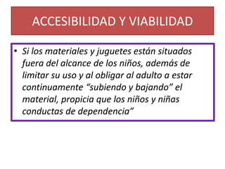 Las paredes pintadas con colores fuertes y adornadas de manera atractiva con los trabajos de los niños y niñas; los muebles limpios, en buen estado y adecuados para su estatura; las plantas; los cojines forrados y los manteles de colores atractivos, entre otros, es un ambiente que les transmite el mensaje, este es un buen lugar para estar en él.