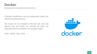 Docker
26
Revolução do ecossistema dos containers
O Docker simplificou o uso de containerairs dentro do
sistema operacional Linux.
Ele trouxe um CLI amigável e fácil de usar, mas não
apenas isso, ele trouxe um conceito de rodar sua
aplicação de forma simples e em qualquer lugar.
Code > Build > Ship > Run
 