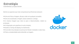 36
Estratégia
Entendendo o projeto Docker
Dentre os aspectos que mais conquistaram profissionais estavam:
➜ Uma vez feita a imagem, dá para rodar em qualquer provedor;
➜ Uma vez atualizada a imagem, basta substituir a antiga;
➜ A mesma imagem que roda no para o desenvolvedor, rodará na
produção;
➜ A integração com pipelines é muito simples;
➜ Acelera o tempo de deploy incrivelmente;
➜ O servidor de produção só precisa ter Docker instalado e nada mais;
➜ Toda a complexidade está embutida na imagem.
 