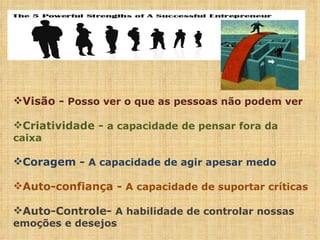 Visão -  Posso ver o que as pessoas não podem ver Criatividade -  a capacidade de pensar fora da caixa Coragem -  A capacidade de agir apesar medo Auto-confiança -  A capacidade de suportar críticas Auto-Controle-  A habilidade de controlar nossas emoções e desejos 