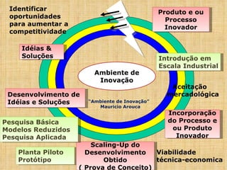 Planta Piloto Protótipo “ Ambiente de Inovação” Mauricio Arouca Ambiente de Inovação Identificar oportunidades para aumentar a competitividade Idéias & Soluções Desenvolvimento de Idéias e Soluções Scaling-Up do Desenvolvimento Obtido ( Prova de Conceito) Produto e ou Processo Inovador Incorporação do Processo e ou Produto Inovador Viabilidade técnica-economica Aceitação mercadológica  Introdução em Escala Industrial Pesquisa Básica Modelos Reduzidos Pesquisa Aplicada 
