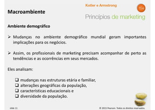 © 2015 Pearson. Todos os direitos reservados.
slide 11
Ambiente demográfico
 Mudanças no ambiente demográfico mundial geram importantes
implicações para os negócios.
 Assim, os profissionais de marketing precisam acompanhar de perto as
tendências e as ocorrências em seus mercados.
Eles analisam:
 mudanças nas estruturas etária e familiar,
 alterações geográficas da população,
 características educacionais e
 diversidade da população.
Macroambiente
 