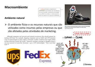 Ambiente natural
 O ambiente físico e os recursos naturais que são
utilizados como insumos pelas empresas ou que
são afetados pelas atividades de marketing.
Macroambiente
CRISE DO CLIMA
 