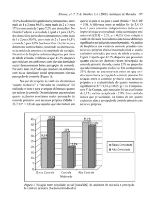 Khoury, H. T. T. & Günther, I.A. (2008). Ambiente de Moradia          57

19,2% dos domicílios particulares permanentes; entre     quarto só para si ou para o casal (Média = 30,3; DP
mais de 1 e 2 para 56,6%; entre mais de 2 e 3 para       = 5,8). A diferença entre as médias foi de 3,4. O
17% e entre mais de 3 para 7,2% dos domicílios. No       teste t para amostras independentes indicou ser
Distrito Federal, a densidade é igual a 1 para 23,7%     improvável que este resultado tenha ocorrido por erro
dos domicílios particulares permanentes; entre mais      amostral (t[313] = 2,21, p < 0,05). Com relação à
de 1 e 2 para 50,4%; entre mais de 2 e 3 para 16,1%      variável elevador na residência não houve diferença
e mais de 3 para 9,8% dos domicílios. O critério para    significativa no índice de controle primário. Na análise
determinar controle baixo, moderado ou alto baseou-      de freqüência das variáveis controle primário com
se na média da amostra e na amplitude de variação.       recursos próprios (baixo/moderado/alto) e quarto
Na análise de freqüência destas categorias, por meio     exclusivo (sim/não), por meio de tabela cruzada, a
de tabela cruzada, verificou-se que 43,2% daqueles       Figura 2 aponta que 42,7% daqueles que possuíam
que residiam em ambientes com elevada densidade          quarto exclusivo demonstraram percepção de
social demonstraram baixa percepção de controle.         controle primário elevada, contra 15% no grupo dos
Por outro lado, 41,4% dos que residiam em ambientes      que não tinham quarto exclusivo. Em contrapartida,
com baixa densidade social apresentaram elevada          55% destes se encontravam entre os que evi-
percepção de controle (Figura 1).                        denciaram baixa percepção de controle primário Tal
                                                         relação entre o controle primário com recursos
       No que diz respeito às variáveis dicotômicas      próprios e a exclusividade do quarto mostrou-se
“quarto exclusivo” e “elevador na residência” foi        significativa (X2 = 8,74; p < 0,05; gl = 2). Computou-
realizado o teste t para averiguar diferenças quanto     se o V de Cramer, cujo resultado foi um coeficiente
aos índices de controle. Os participantes que possuíam   de 0,17 e variância explicada = 2,9%. Este resultado
quarto exclusivo revelaram maior percepção de            indica que privacidade, na forma de um quarto
controle primário com recursos próprios (Média =         exclusivo, afeta a percepção de controle primário com
33,7; DP = 6,8) do que aqueles que não tinham um         recursos próprios.
 