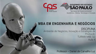 DISCIPLINA
Ambiente de Negócios, Inovação e Estratégias de
Produção
TURMA MBE-02
Aula 4
MBA EM ENGENHARIA E NEGÓCIOS
Professor – Daniel de Carvalho Luz
 