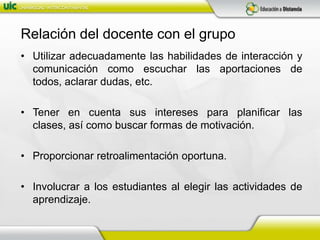 Relación del docente con el grupoUtilizar adecuadamente las habilidades de interacción y comunicación como escuchar las aportaciones de todos, aclarar dudas, etc.Tener en cuenta sus intereses para planificar las clases, así como buscar formas de motivación.Proporcionar retroalimentación oportuna.Involucrar a los estudiantes al elegir las actividades de aprendizaje.