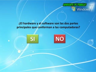 ¿El hardware y el software son las dos partes
principales que conforman a las computadoras?
SI NO
 