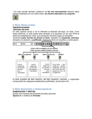 * En este sencillo ejemplo; podemos ver las tres herramientas mientras están
siendo empleadas en una misma frase, de manera alternada o en conjunto.

5. Word. Alinear el texto
PRESENTACIONES
*Alineado del texto
En este capítulo vamos a ver lo referente al alineado del texto. Un texto, como
todos sabemos, no sólo puede estar alineado a la izquierda. Es así que Word te
ofrece la posibilidad de variar en la alineación del texto según la necesidad.
Tenemos cuatro formas de alinear el texto: alineado a la izquierda, centrado,
alineado a la derecha, y justificado. Veamos lo dicho en el gráfico a continuación:

El texto quedará del lado derecho, del lado izquierdo, centrado, u organizado
conservando los márgenes establecidos (justificado), de principio a fin.

6. Word. Numeración y viñetas (opción A)
NUMERACIÓN Y VIÑETAS
Existen dos maneras de búsqueda de estas opciones:
Opción A: Ir al Menú de Formato:

 