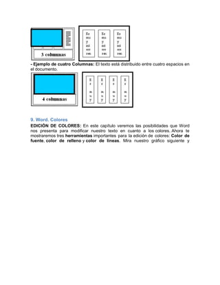 - Ejemplo de cuatro Columnas: El texto está distribuido entre cuatro espacios en
el documento.

9. Word. Colores
EDICIÓN DE COLORES: En este capítulo veremos las posibilidades que Word
nos presenta para modificar nuestro texto en cuanto a los colores. Ahora te
mostraremos tres herramientas importantes para la edición de colores: Color de
fuente, color de relleno y color de líneas. Mira nuestro gráfico siguiente y

 