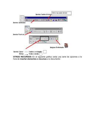 OTROS RECURSOS: En el siguiente gráfico verás una serie de opciones a la
hora de insertar elementos o recursos a tu documento:

 