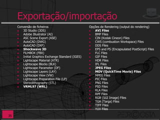 Exportação/importação
     Conversão de ficheiros                         Opções de Rendering (output do rendering)
       3D Studio (3DS)                               AVI Files
       Adobe Illustrator (AI)                        BMP Files
       ASC Scene Export (ASE)                        CIN (Kodak Cineon) Files
       AutoCAD (DWG)                                 CWS (combustion Workspace) Files
       AutoCAD (DXF)                                 DDS Files
       Shockwave 3D                                  EPS and PS (Encapsulated PostScript) Files
       FiLMBOX (FBX)                                 FLC Files
       Initial Graphics Exchange Standard (IGES)     GIF Files
       Lightscape Material (ATR)                     HDR Files
       Lightscape Blocks (BLK)                       IFL Files
       Lightscape Parameter (DF)                     JPEG Files
       Lightscape Layers (LAY)                       MOV (QuickTime Movie) Files
       Lightscape View (VW)                          MPEG Files
       Lightscape Preparation File (LP)              PIC Files
       Stereolithography (STL)                       PNG Files
       VRML97 (WRL)                                  PSD Files
                                                      RLA Files
                                                      RPF Files
                                                      RGB (SGI Image) Files
                                                      TGA (Targa) Files
                                                      TIFF Files
                                                      YUV Files

35
 