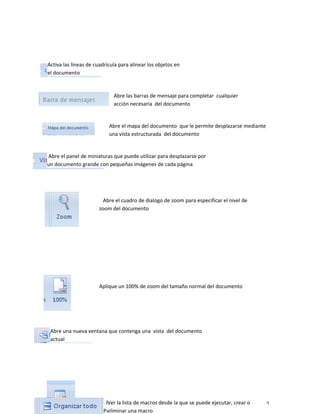Activa las líneas de cuadricula para alinear los objetos en 
el documento 
Abre las barras de mensaje para completar cualquier 
acción necesaria del documento 
Abre el mapa del documento que le permite desplazarse mediante 
una vista estructurada del documento 
Abre el panel de miniaturas que puede utilizar para desplazarse por 
un documento grande con pequeñas imágenes de cada página 
Abre el cuadro de dialogo de zoom para especificar el nivel de 
zoom del documento 
Aplique un 100% de zoom del tamaño normal del documento 
Abre una nueva ventana que contenga una vista del documento 
actual 
Divide la ventana actual en dos partes para que pueda ver las 
diferentes secciones del Pasa a una ventana abie rdtao caucmtueanlmtoe anlt em disimfeore tnietem p o 
Ver la lista de macros desde la que se puede ejecutar, crear o 
eliminar una macro 
Coloca en mosaico todas las ventanas de los programas abiertos en 
paralelo en la pantalla 
 