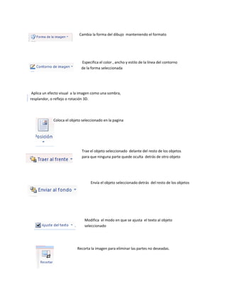 Cambia la forma del dibujo manteniendo el formato 
Especifica el color , ancho y estilo de la línea del contorno 
de la forma seleccionada 
Aplica un efecto visual a la imagen como una sombra, 
resplandor, o reflejo o rotación 3D. 
Coloca el objeto seleccionado en la pagina 
Trae el objeto seleccionado delante del resto de los objetos 
para que ninguna parte quede oculta detrás de otro objeto 
Envía el objeto seleccionado detrás del resto de los objetos 
Modifica el modo en que se ajusta el texto al objeto 
seleccionado 
Recorta la imagen para eliminar las partes no deseadas. 
