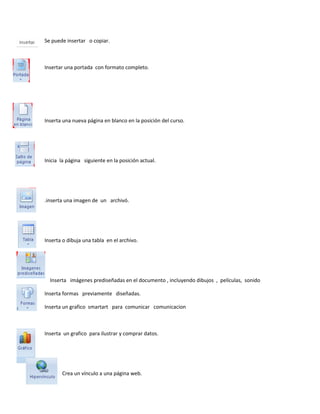 Se puede insertar o copiar. 
Insertar una portada con formato completo. 
Inserta una nueva página en blanco en la posición del curso. 
Inicia la página siguiente en la posición actual. 
.inserta una imagen de un archivó. 
Inserta o dibuja una tabla en el archivo. 
Inserta imágenes prediseñadas en el documento , incluyendo dibujos , películas, sonido 
Inserta formas previamente diseñadas. 
Inserta un grafico smartart para comunicar comunicacion 
Inserta un grafico para ilustrar y comprar datos. 
Crea un vínculo a una página web. 
 