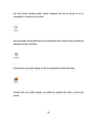 Con esta función también puedes insertar imágenes solo que las buscas no en tu 
computador o memoria si no en Word. 
Sirve para poder insertas diferentes formas geométricas como: flechas, líneas, símbolos de 
diafragma de flujo y llamadas. 
Funciona para que puedas agregar un tipo de organigrama de diferentes tipos. 
Funciona para que puedas agregar una gráfica de cualquier tipo, datos y colores que 
quieras. 
25 
 